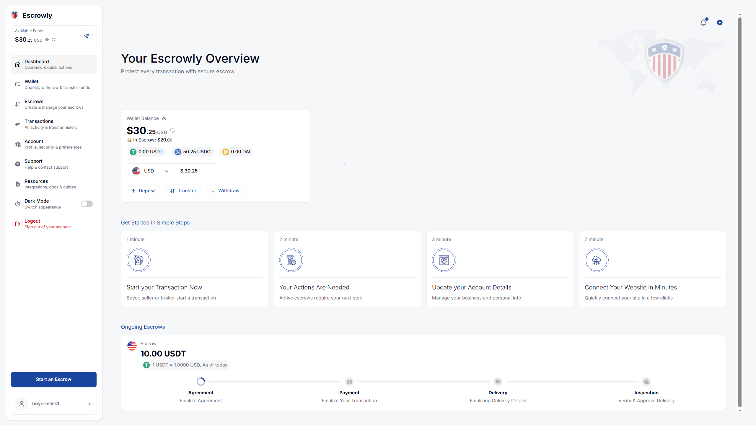 Escrowly platform overview screen
