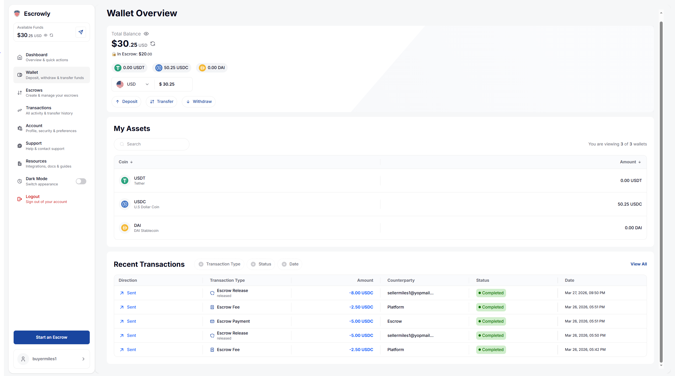 Escrowly transaction flow screen
