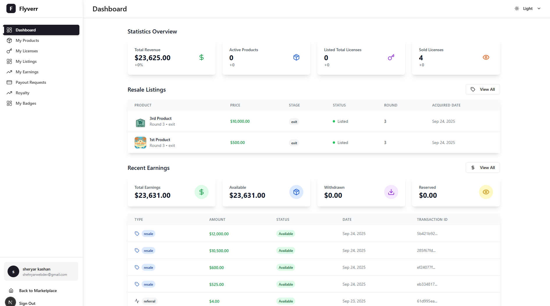 Flyverr seller dashboard